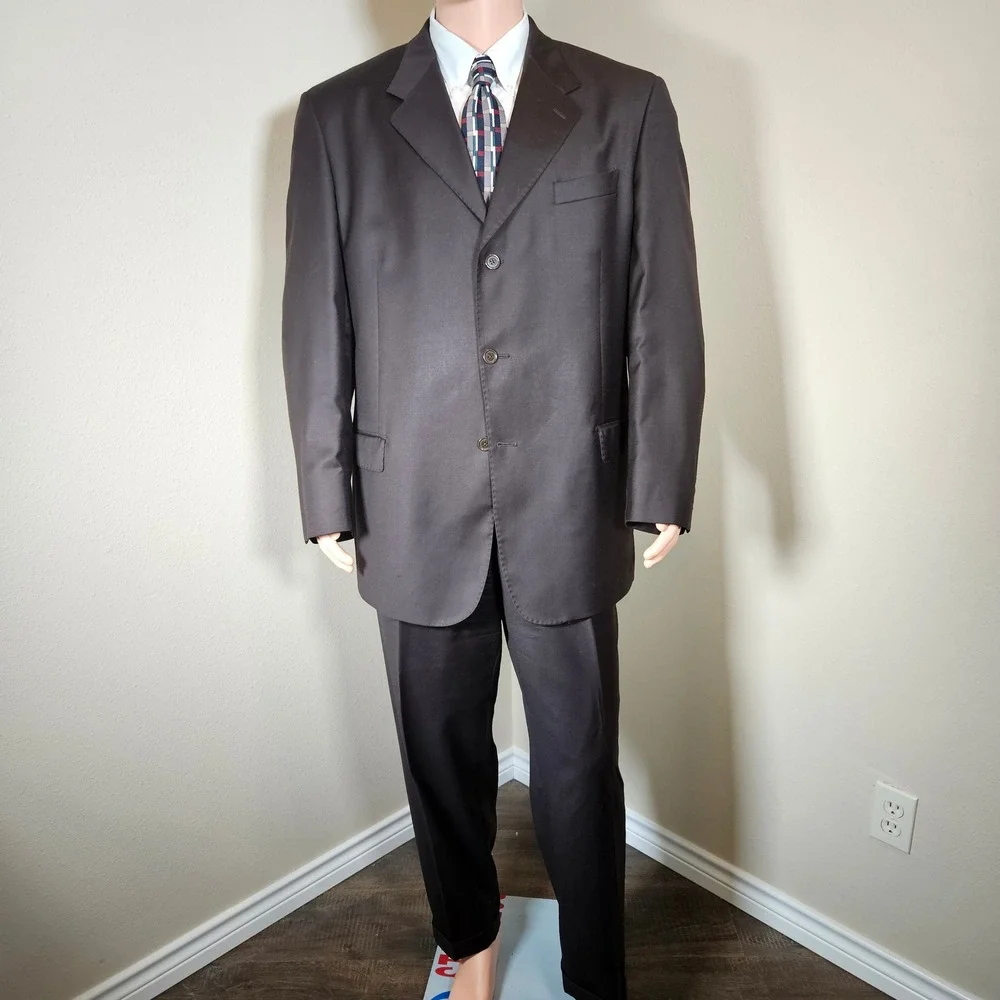 Giorgio Valentini Mens Suit 46L Dark Brown 100% Super 140s Wool Made in Italy